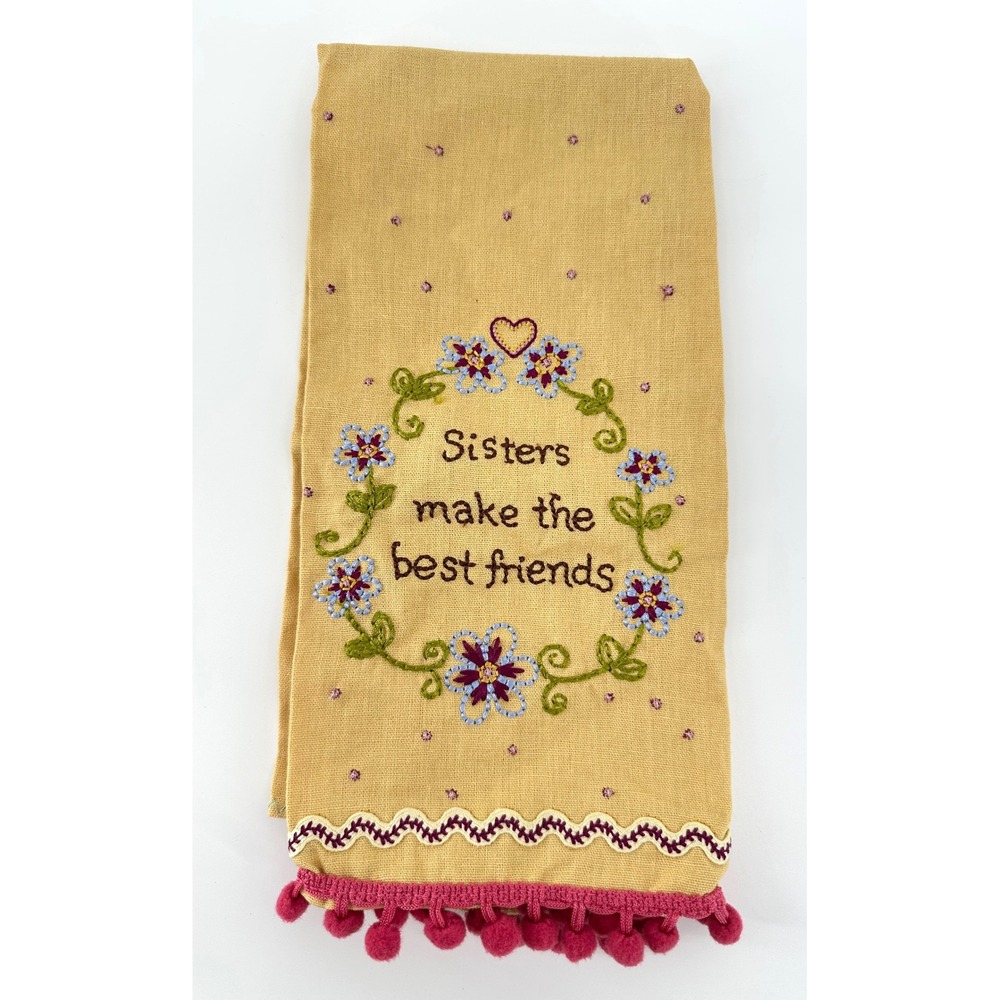 Natural Life Sisters Make The Best Friends Tea Towel Yellow Linen Cotton Pom Pom